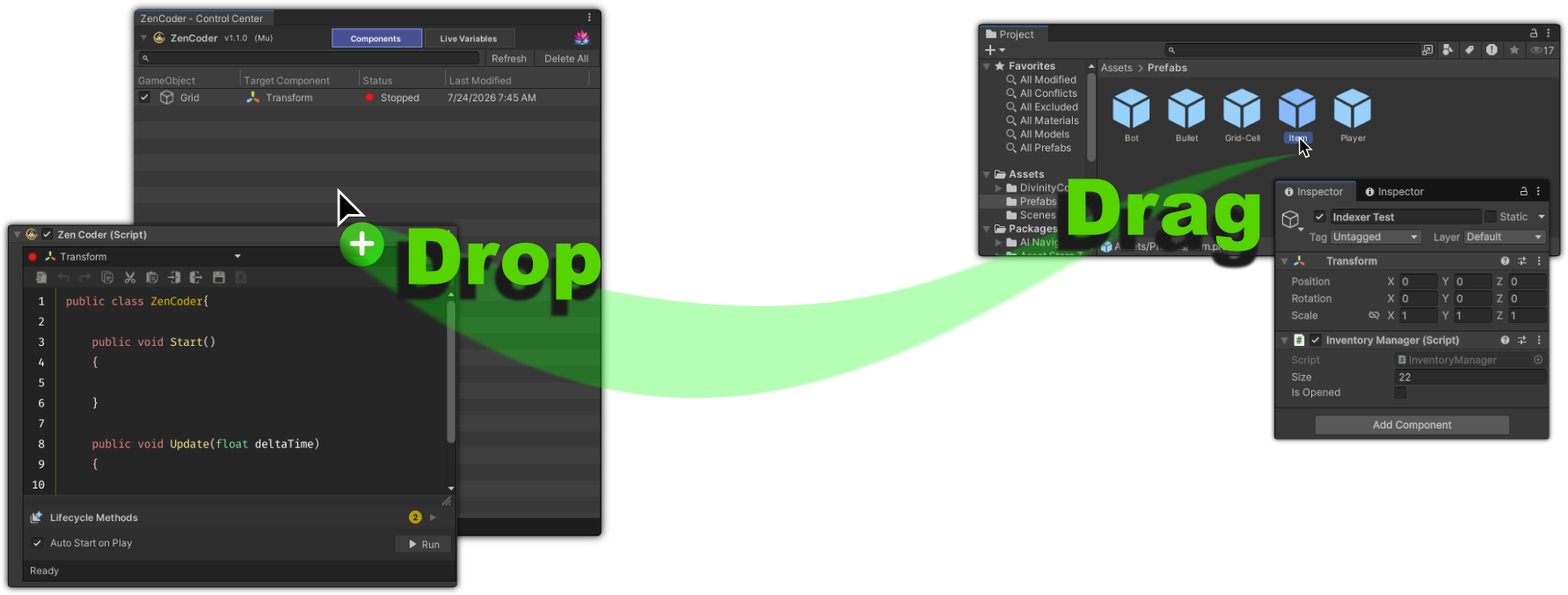 Dragging a Prefab onto ZenCoder to create a Live Variable